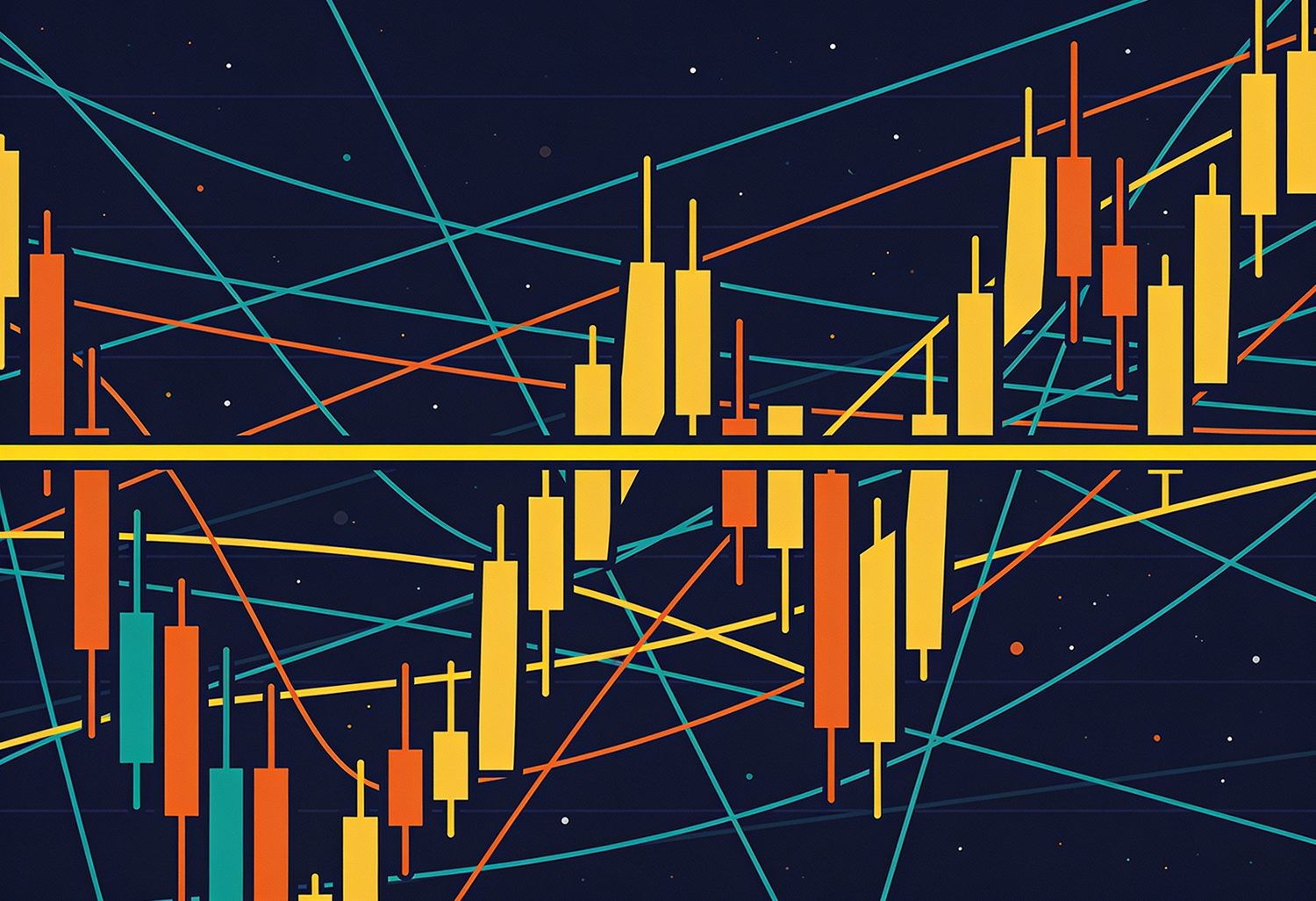 A night sky full of frantic crossing chart lines and candlesticks, with one calm steady yellow line running level through the middle