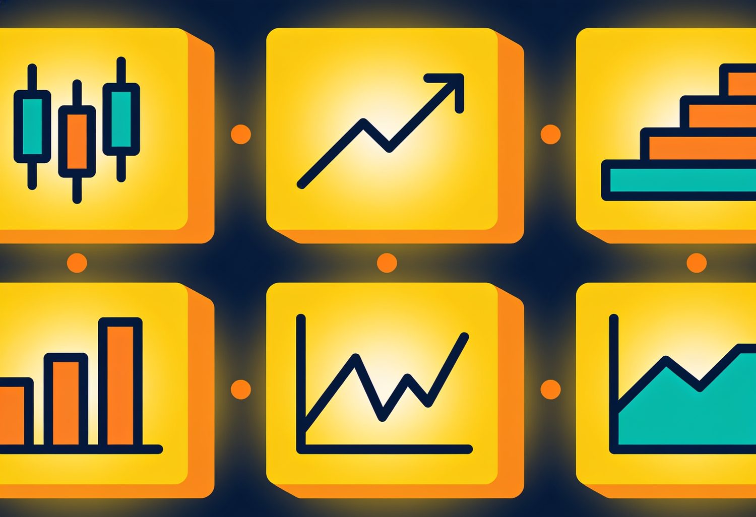 Six glowing yellow market tiles in a grid — candlesticks, a rising arrow, stepped bars, a bar chart, a jagged line and an area chart — riveted together