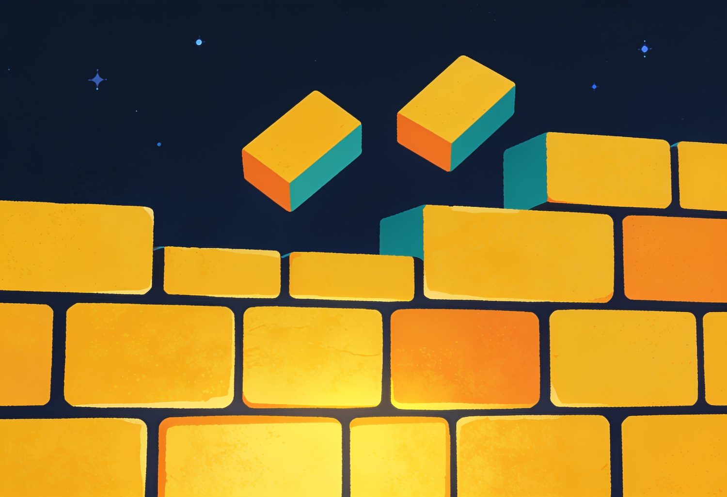 A warmly lit wall of yellow blocks at night with the top course half laid and two blocks still floating into place