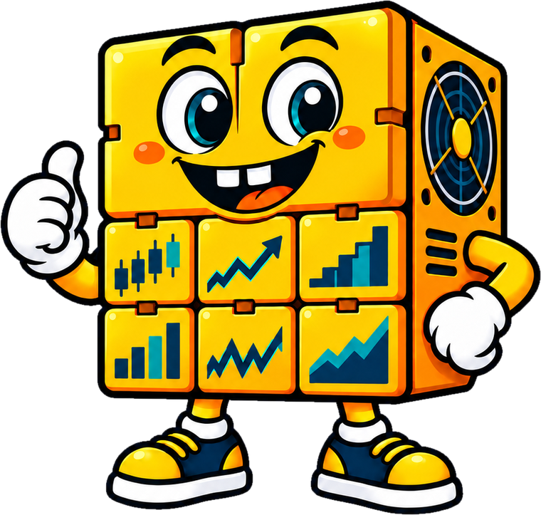Brick, a smiling yellow block built from market chart tiles, giving a thumbs up
